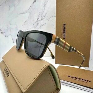 Burberry Sunglasses Black Square Classic Check Arms Brown Red White Auth…